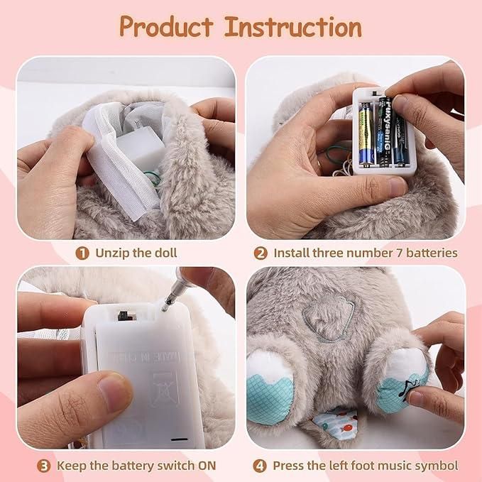 Step-by-step instructions for using a plush toy with batteries.