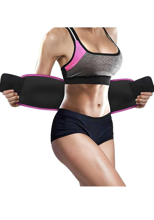 Person wearing a black and pink waist trainer on a white background